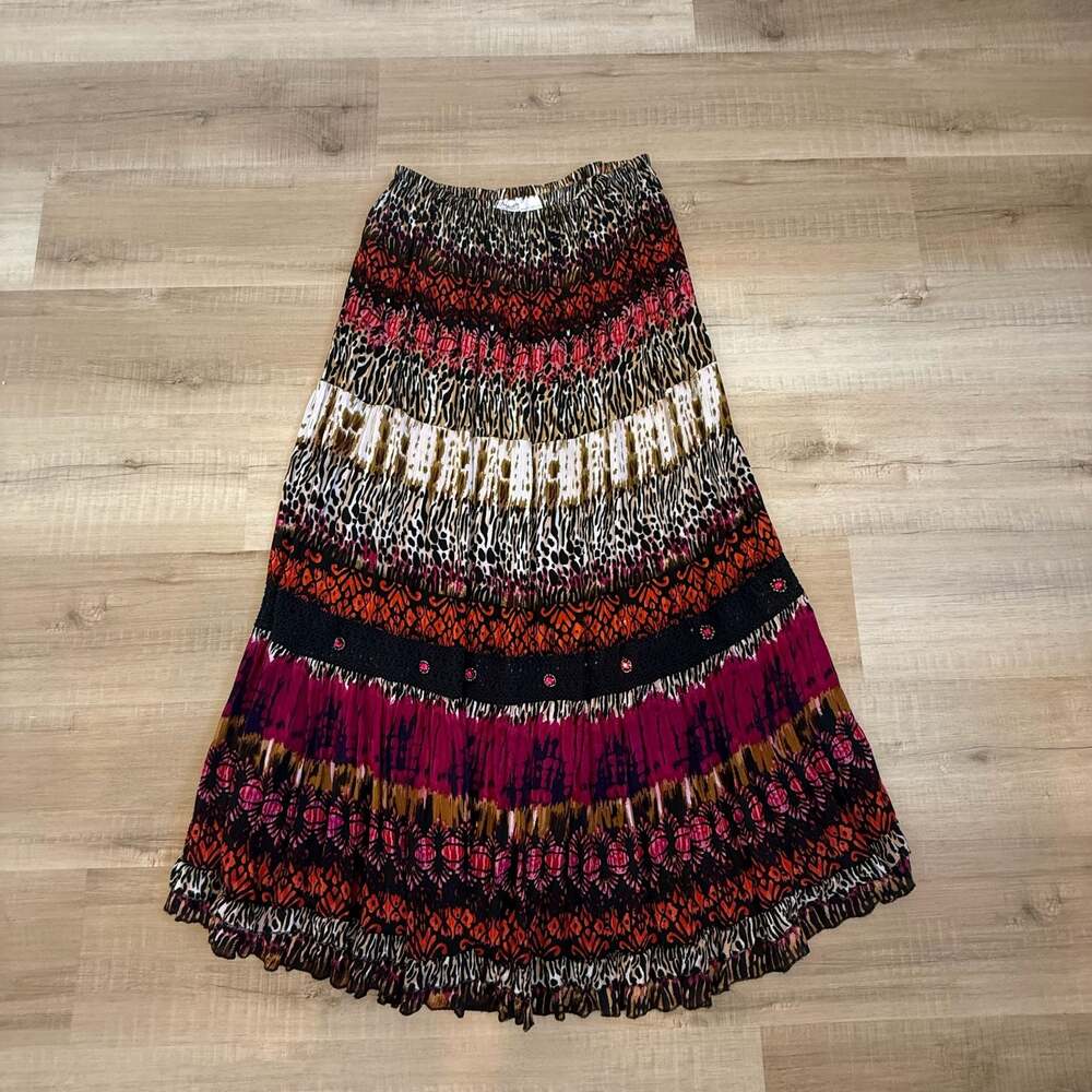 Forbidden Los Angeles Boho Maxi Skirt Size L Animal Print Mixed Tiered Beaded
